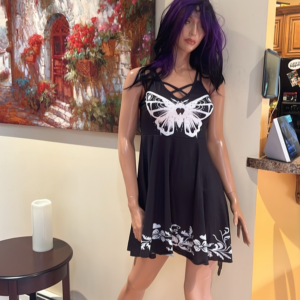 Black & white  with White Butterfly summer fit n flare dress goth death moth